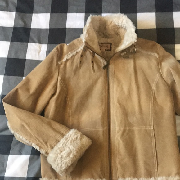 Womens WILSONS LEATHER Suede Camel Tan SHERPA Faux Fur Quilted Jacket Sz Large L - Picture 2 of 16